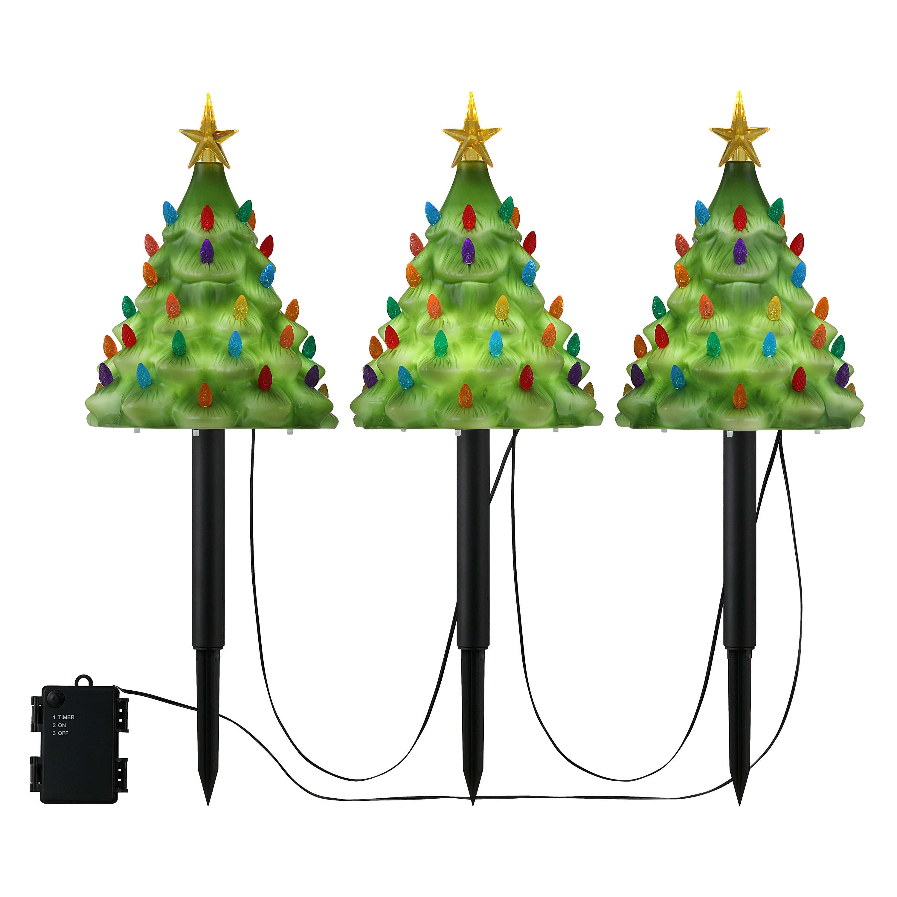  Mr. Christmas 9 in. Set of 3 Lit Blow Mold Pathway Trees with classic nostalgic design, shown lit on a white background.
