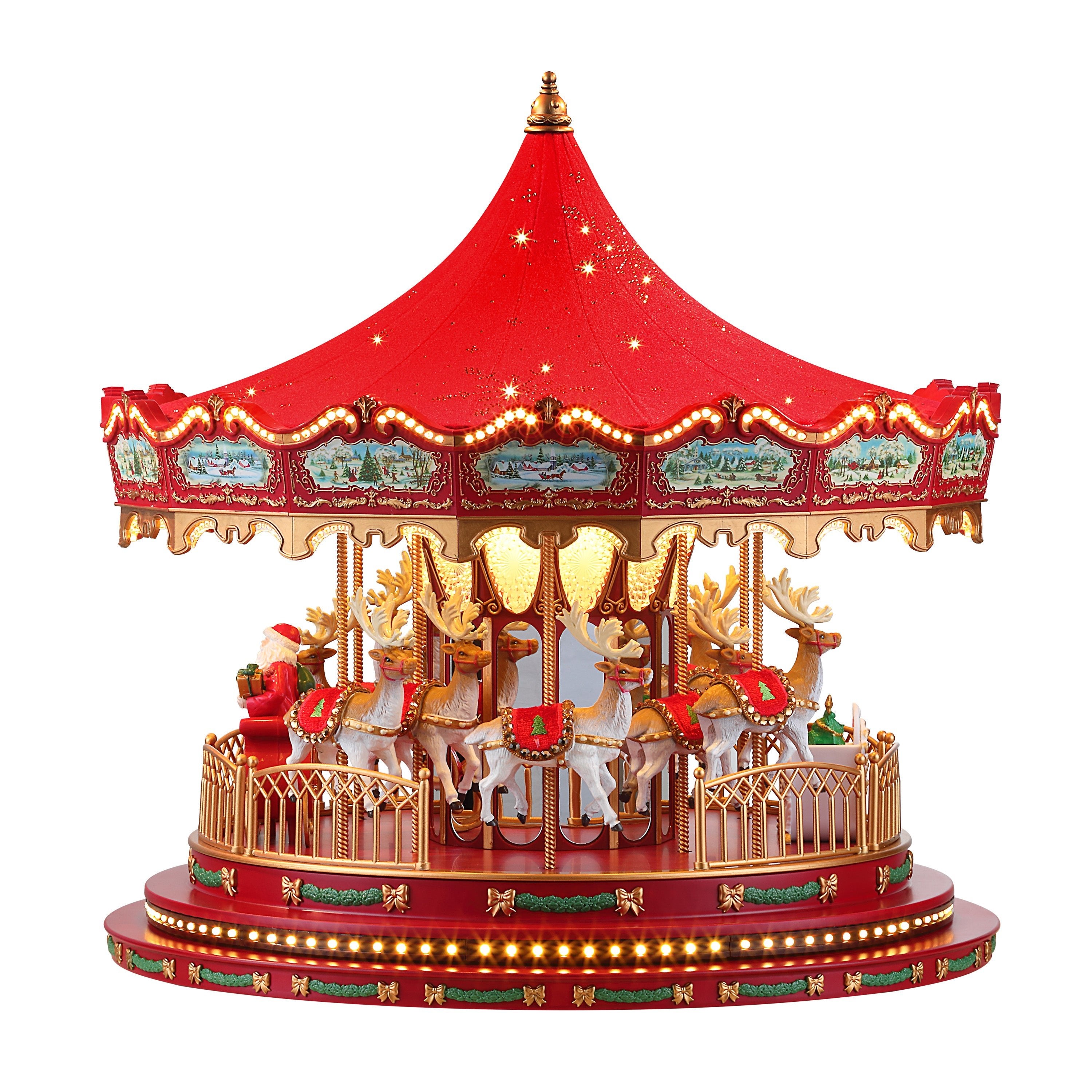 Mr. Christmas 17 in. Animated Deluxe Crystal Carousel - Red with Santa, reindeer, and crystal detailing