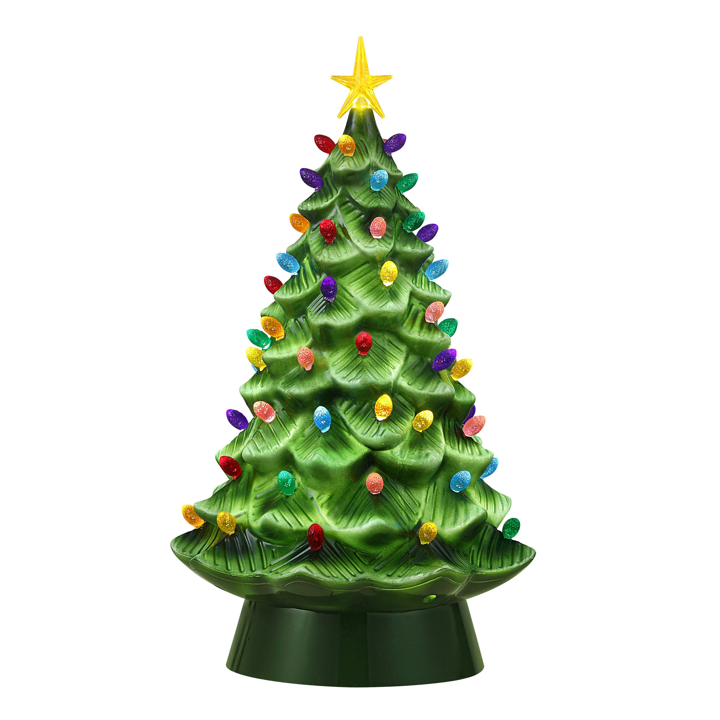 24-inch green shatterproof Christmas tree with multicolored faceted bulbs and yellow star topper