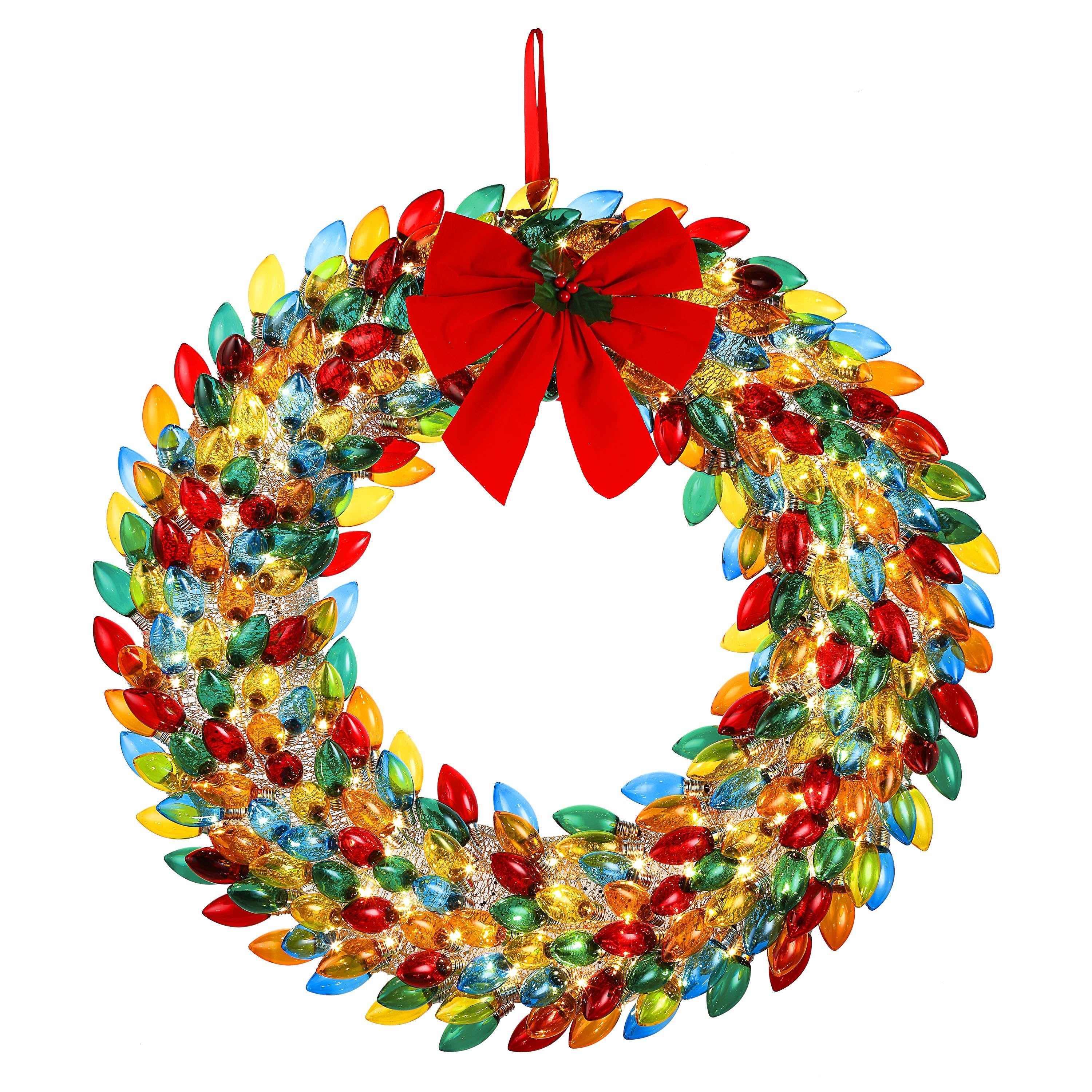 Mr. Christmas 30 in. Retro C9 Bulb Wreath Multi Colored with Red Ribbon with Holly