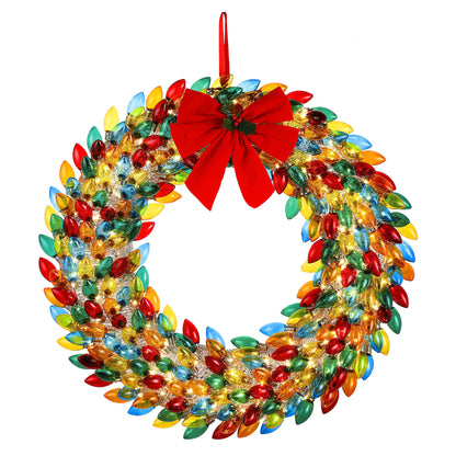 Mr. Christmas 30 in. Retro C9 Bulb Wreath Multi Colored with Red Ribbon with Holly