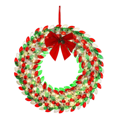 Mr. Christmas 30 in. Retro C9 Bulb Wreath Red and Green with Red Ribbon with Holly