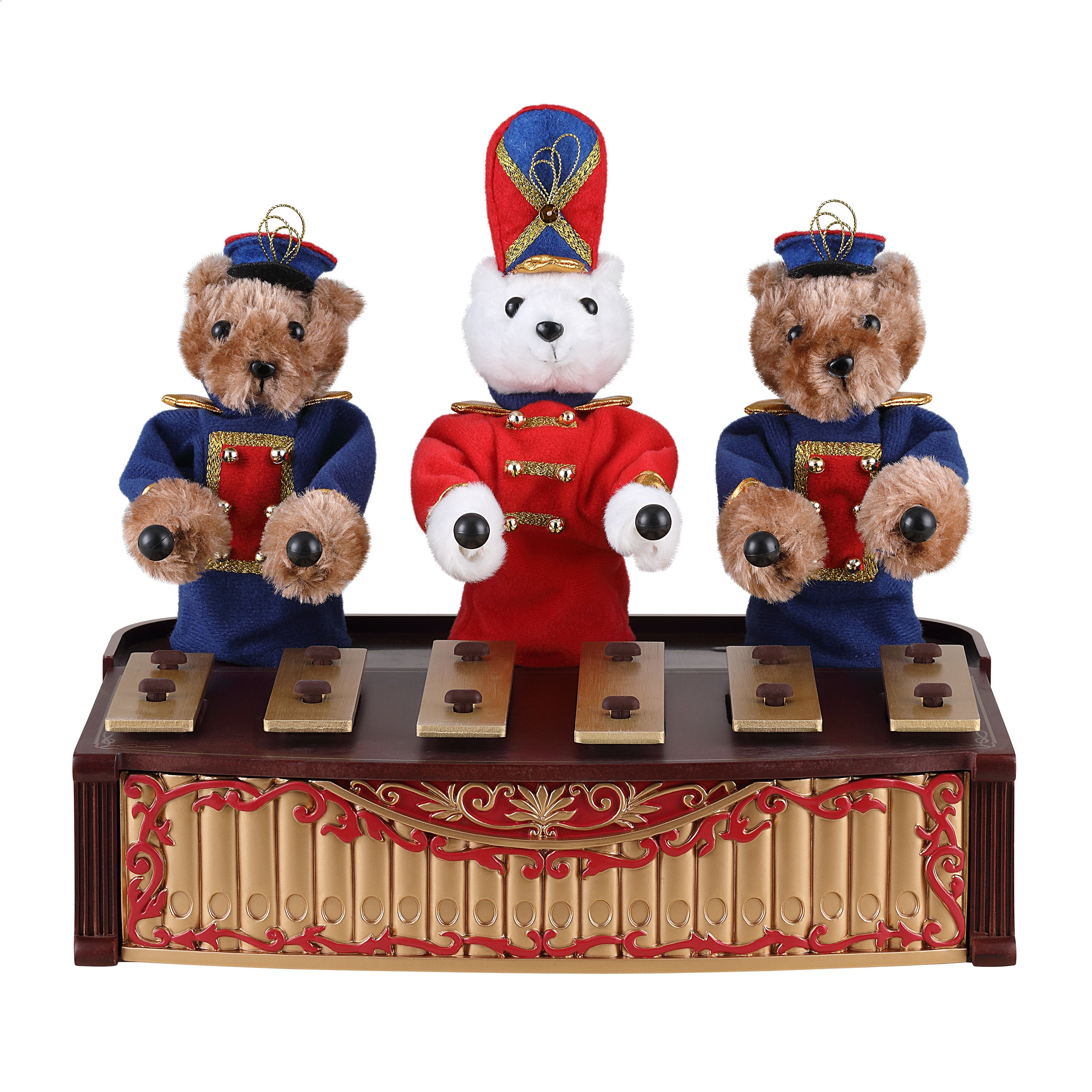 Mr. Christmas Animated Bandstand Bears playing music on xylophone in red and blue band uniforms