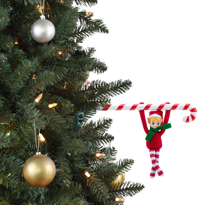 Mr. Christmas 6-inch Animated Candy Cane Elf Acrobat spinning on tree with white background