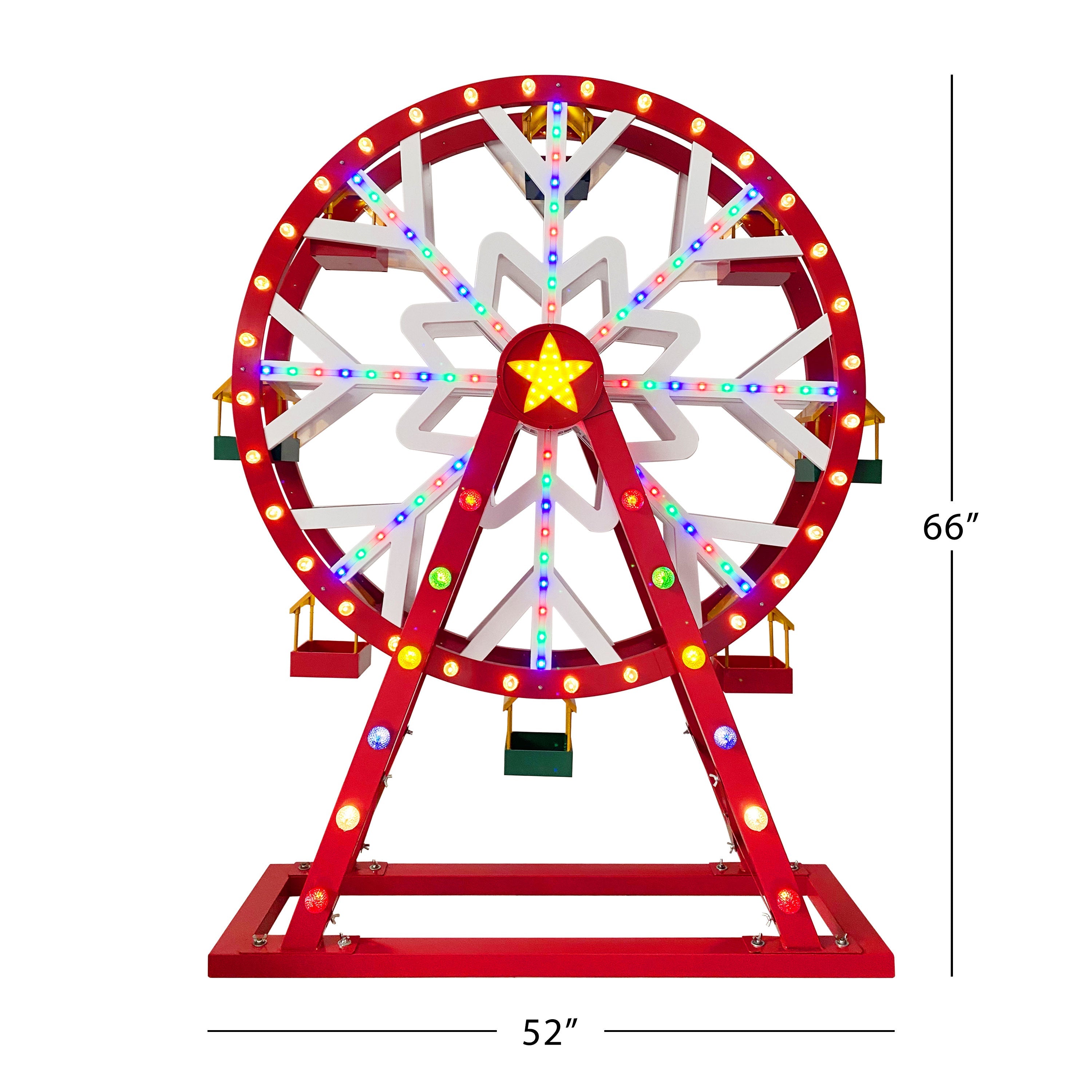 Dimensions of Mr. Christmas Oversized Outdoor Animated Ferris Wheel: 52 inches wide, 15.4 inches deep, 66 inches tall
