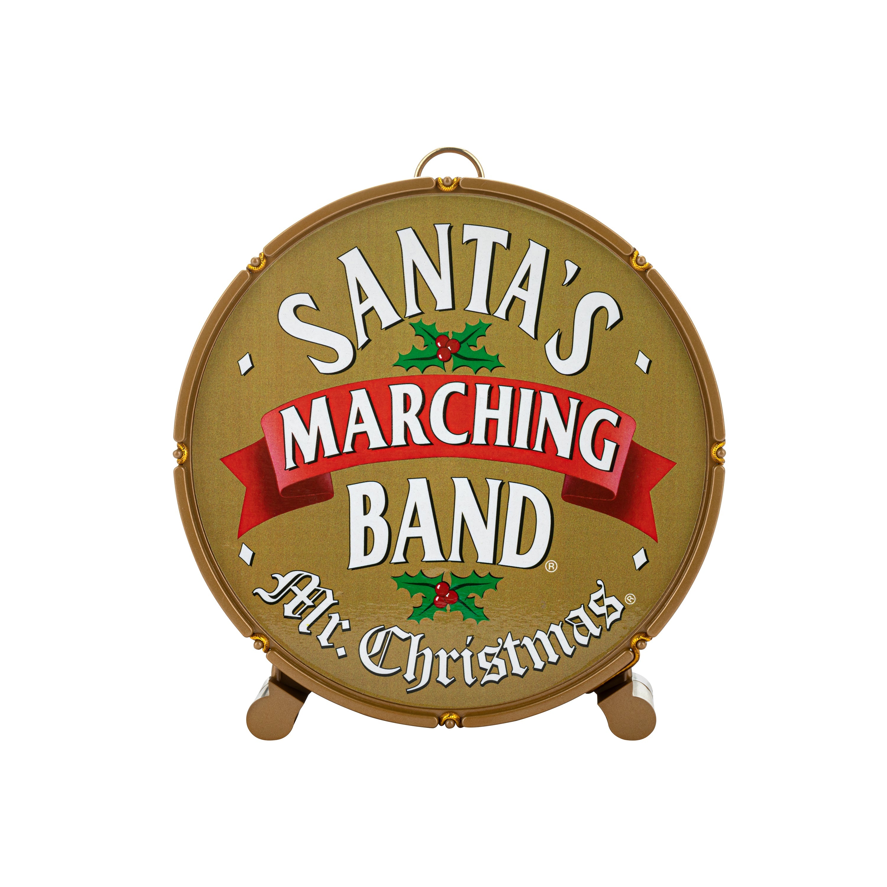 Close-up of bass drum from Mr. Christmas Animated Santa's Marching Band with song selection button