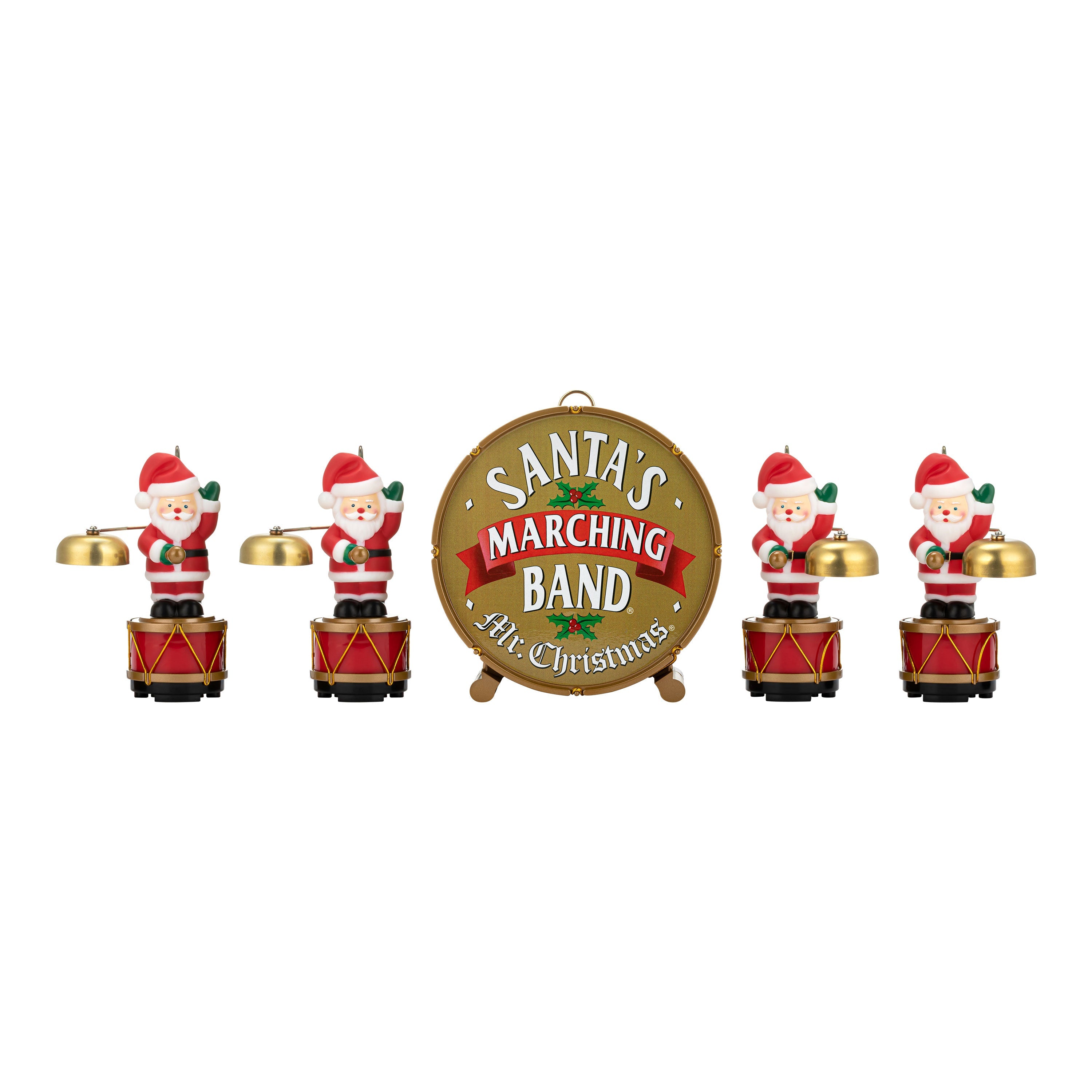 Mr. Christmas Animated Santa's Marching Band with four Santas and bass drum playing brass bells