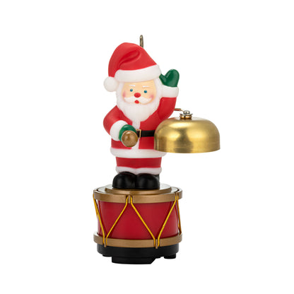 Close-up of one Santa from Mr. Christmas Animated Santa's Marching Band striking a brass bell