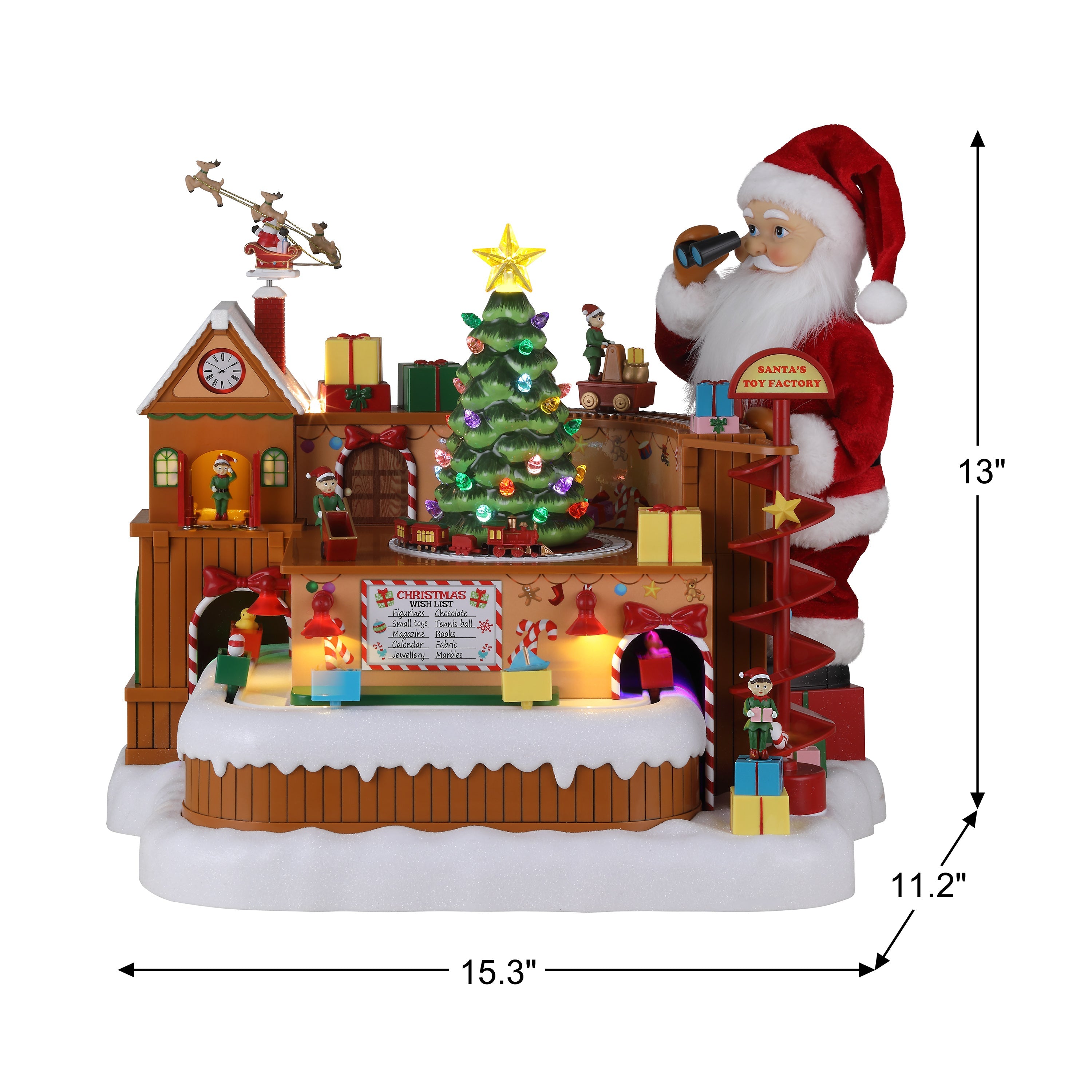 Dimensions of Mr. Christmas Animated Santa's Toy Factory Workshop showing 15.3 inches wide 11.2 inches deep and 13 inches tall