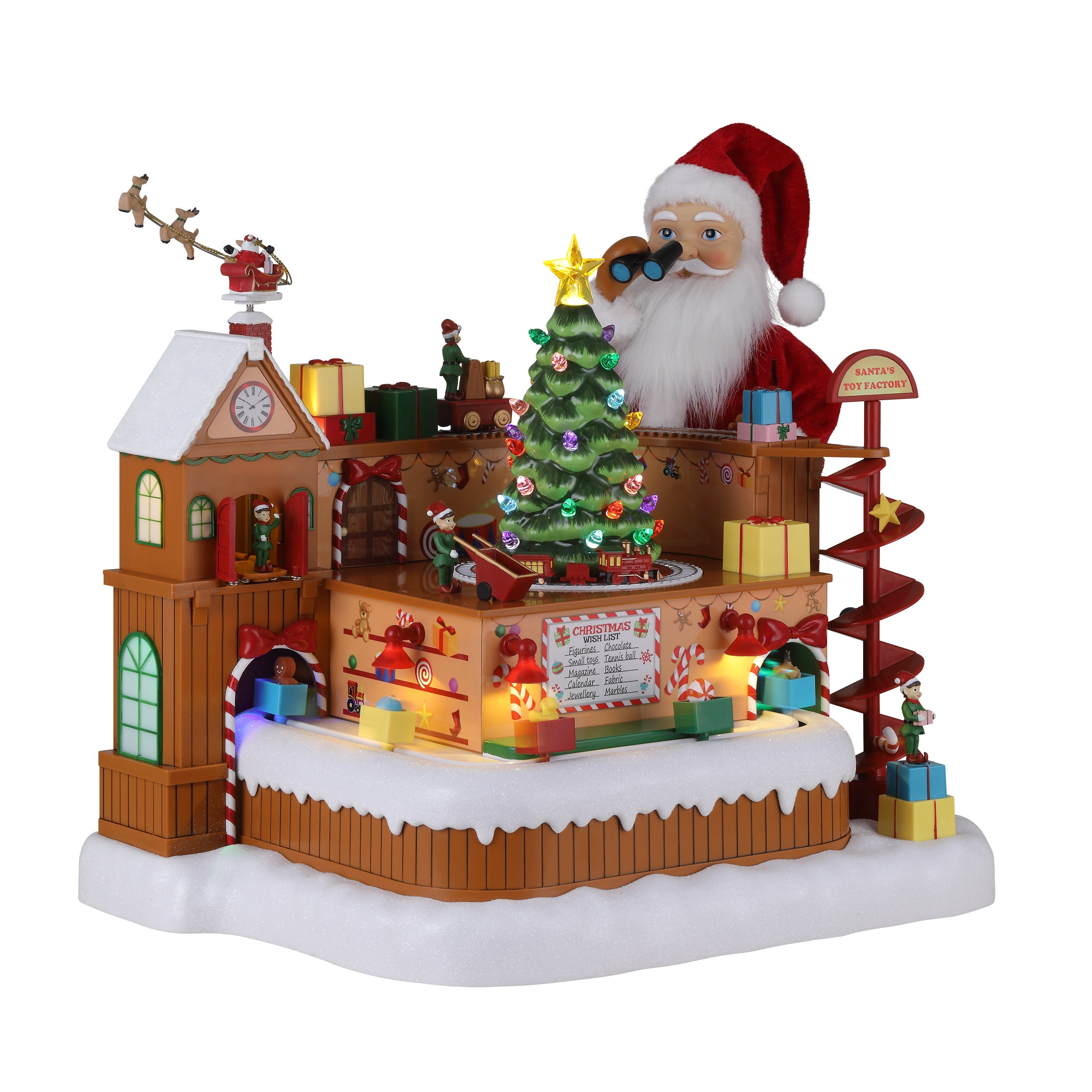 Main view of Mr. Christmas 15 inch Animated Santa's Toy Factory Workshop with Santa and elves preparing toys