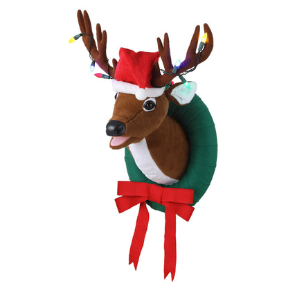 Side view of Mr. Christmas Animated Singing Reindeer with festive ribbon and LED antlers
