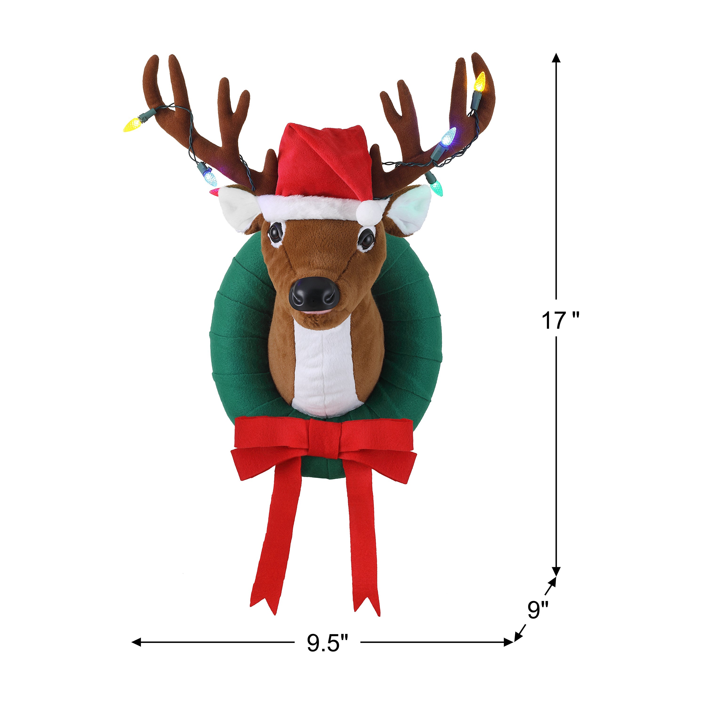 Dimensions of Mr. Christmas Animated Singing Reindeer shown with measurements
