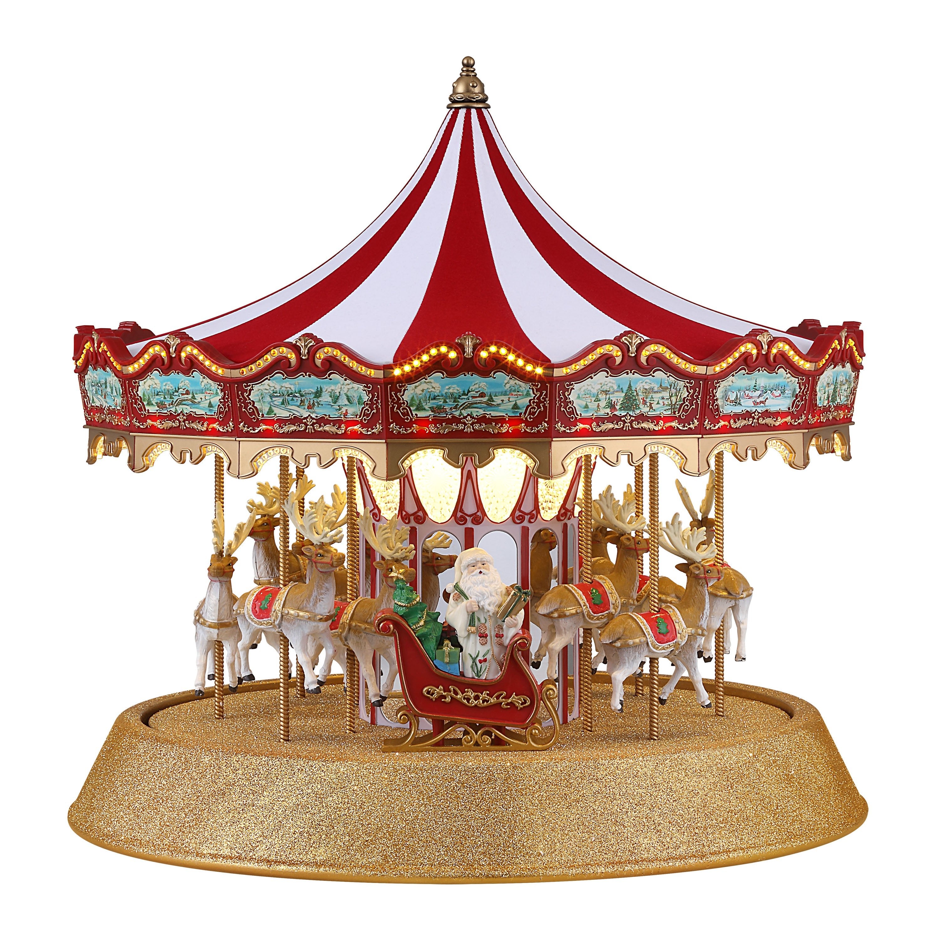 Main image of the Mr. Christmas 17 in. Animated Sparkle Carousel featuring red and white canopy and glittery gold base.