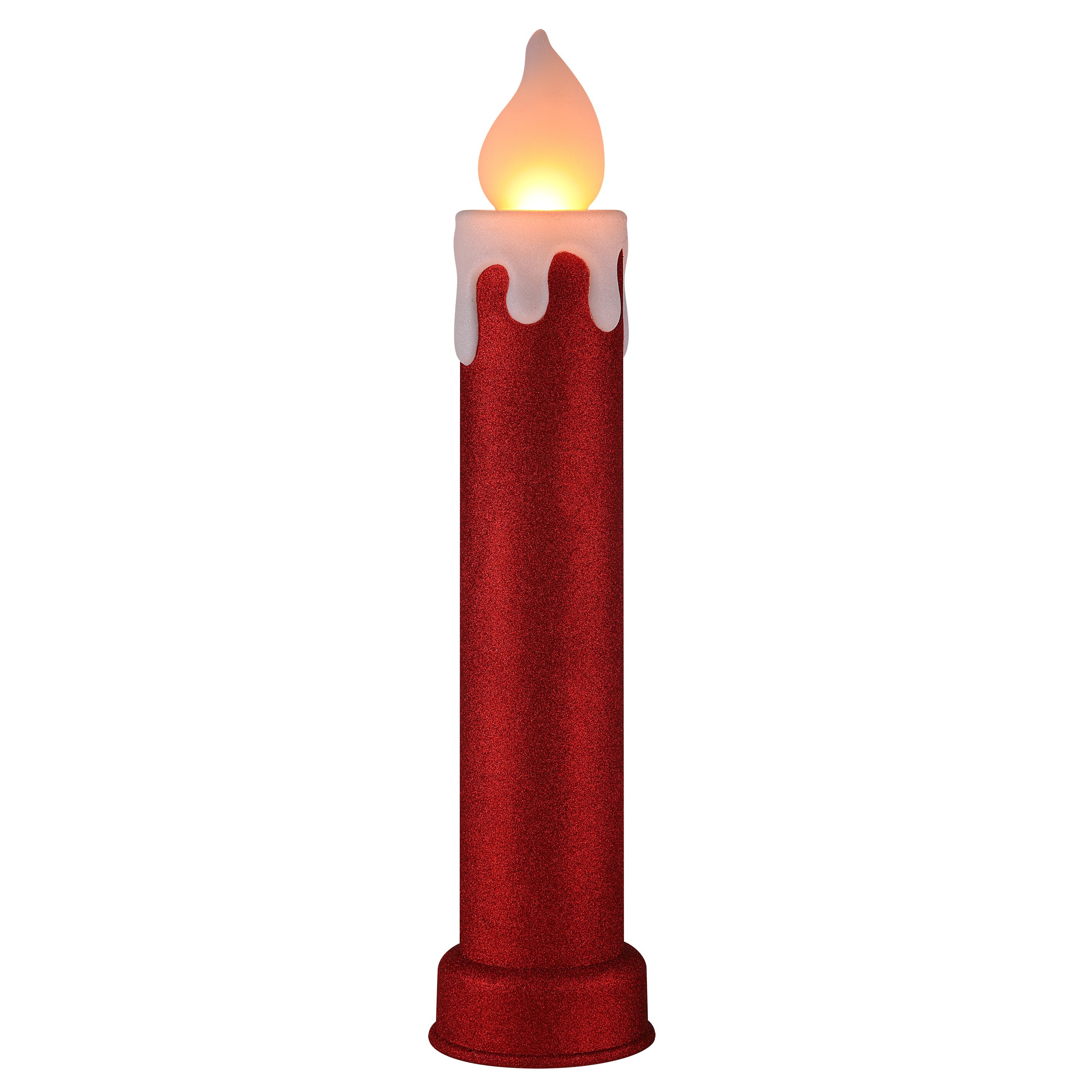 Mr. Christmas 36-inch red glitter blow mold candle with flickering LED flame and dripping wax detail