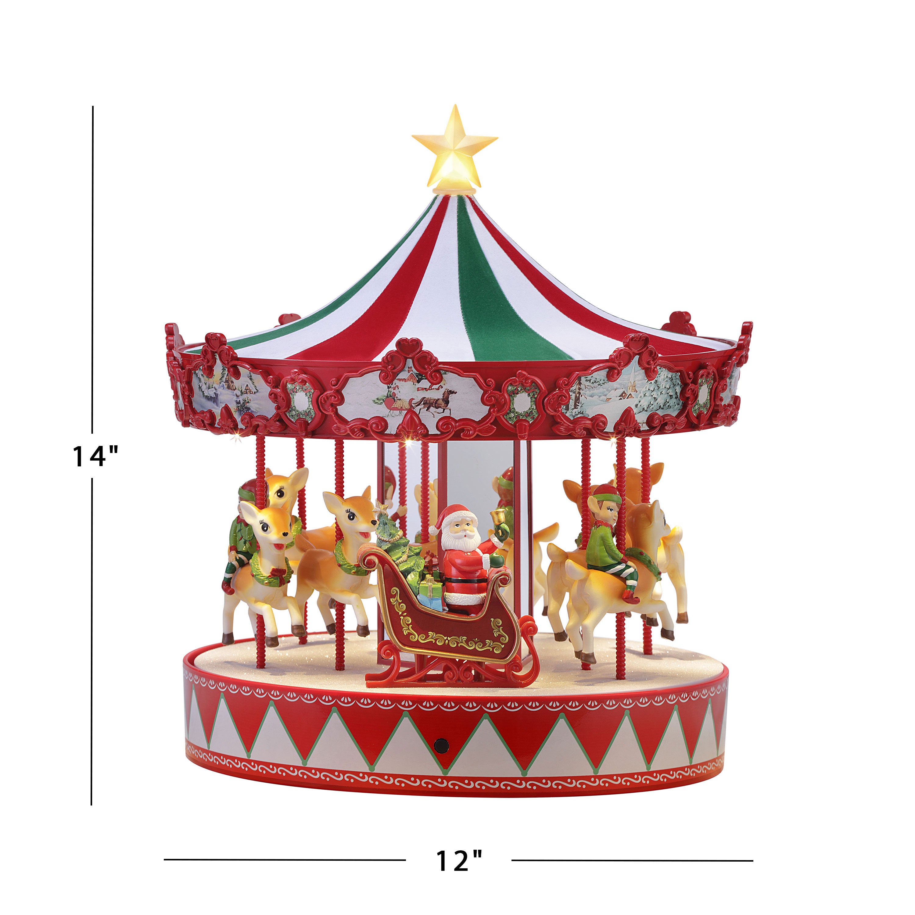 Dimensions of Mr. Christmas 14" Animated Vintage Carousel shown with measurements