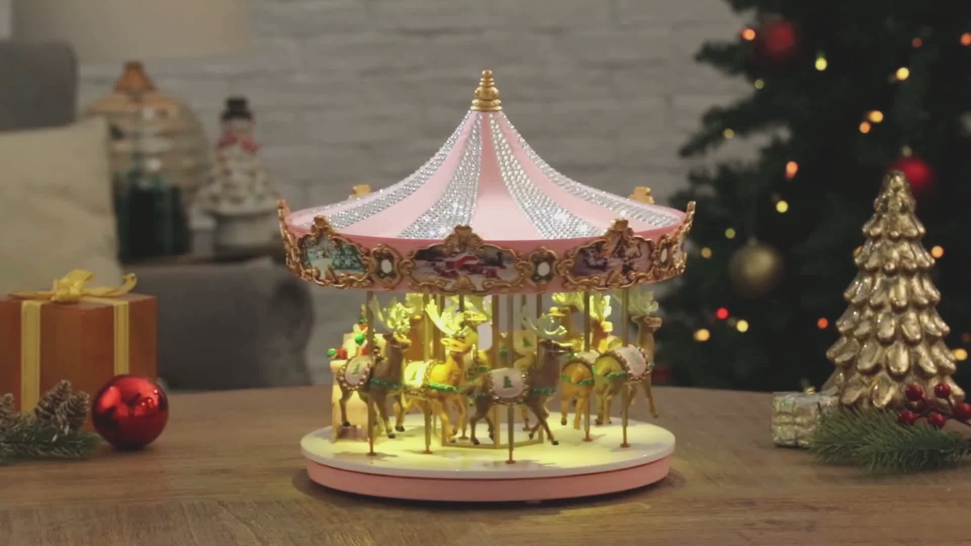 12 in. Animated & Musical Pink Crystal Carousel