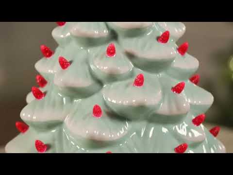 Load video: 14 in. Nostalgic Ceramic Tree - Seafoam with Red Bulbs