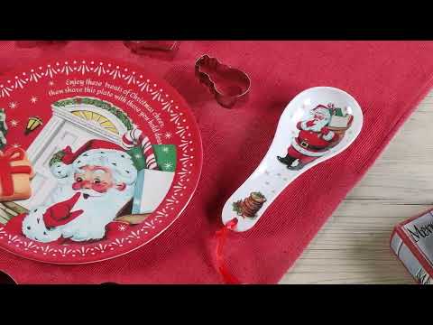 Load video: 12 in. Santa Plate, Spoon Rest &amp; 6-Piece Cookie Cutter Baking Gift Set with Recipe Video Overview