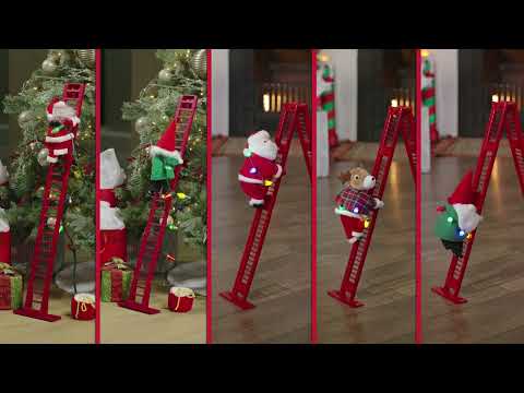 Load video: 17 in. Animated Ladder Climbing White Santa