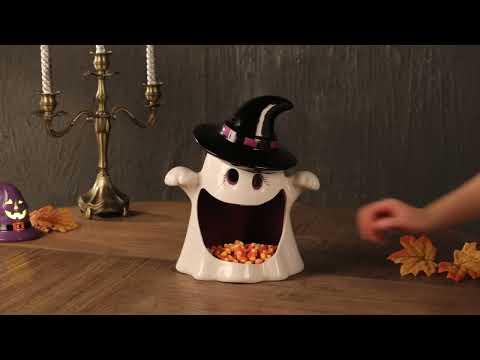 12“ Motion Activated Ceramic Ghost Candy Bowl Video