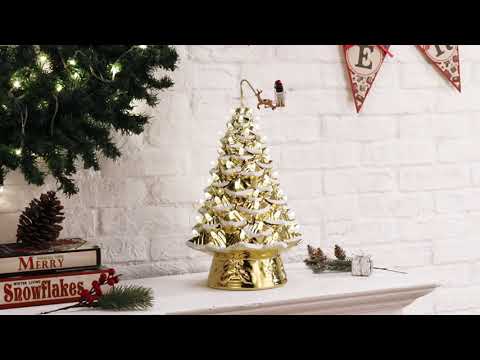 90th Anniversary Collection - 16" Lit Ceramic Tree with Animated Santa's Sleigh, Gold