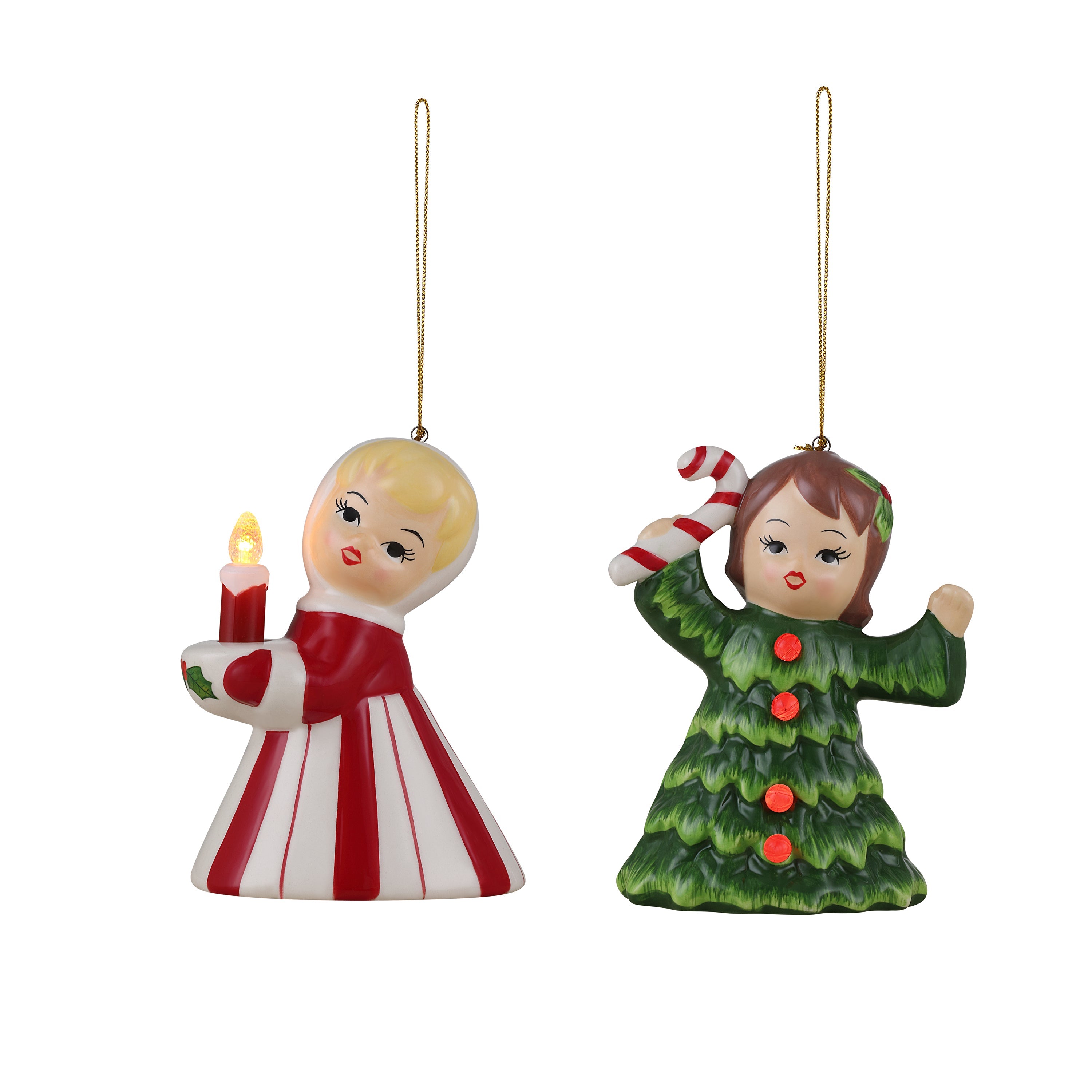Set of 2 Vintage Christmas Kid Ornaments - Candy Cane and Tree Girl - Mr. Christmas