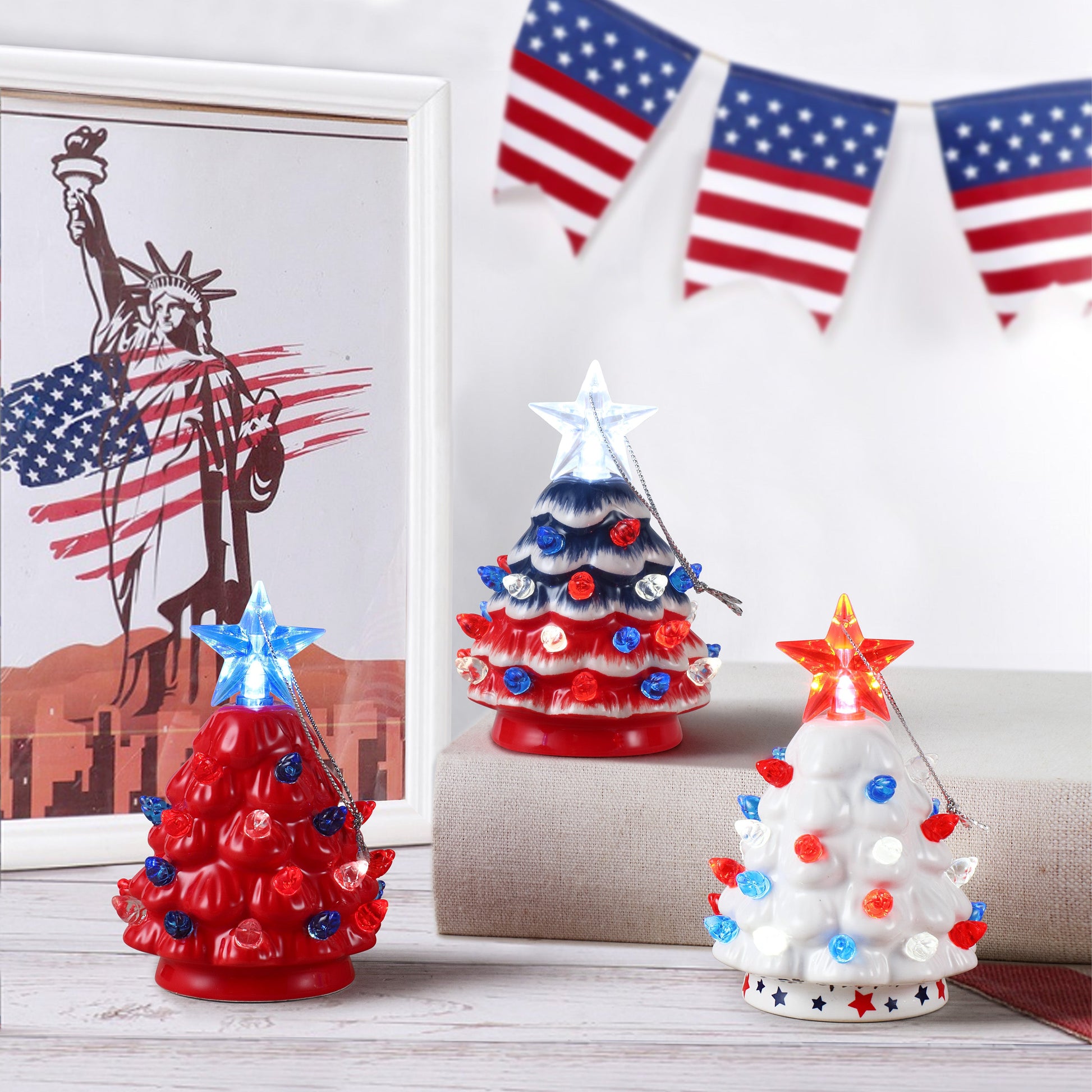 Set of 3 Mini Nostalgic Ceramic Patriotic Trees - Mr. Christmas