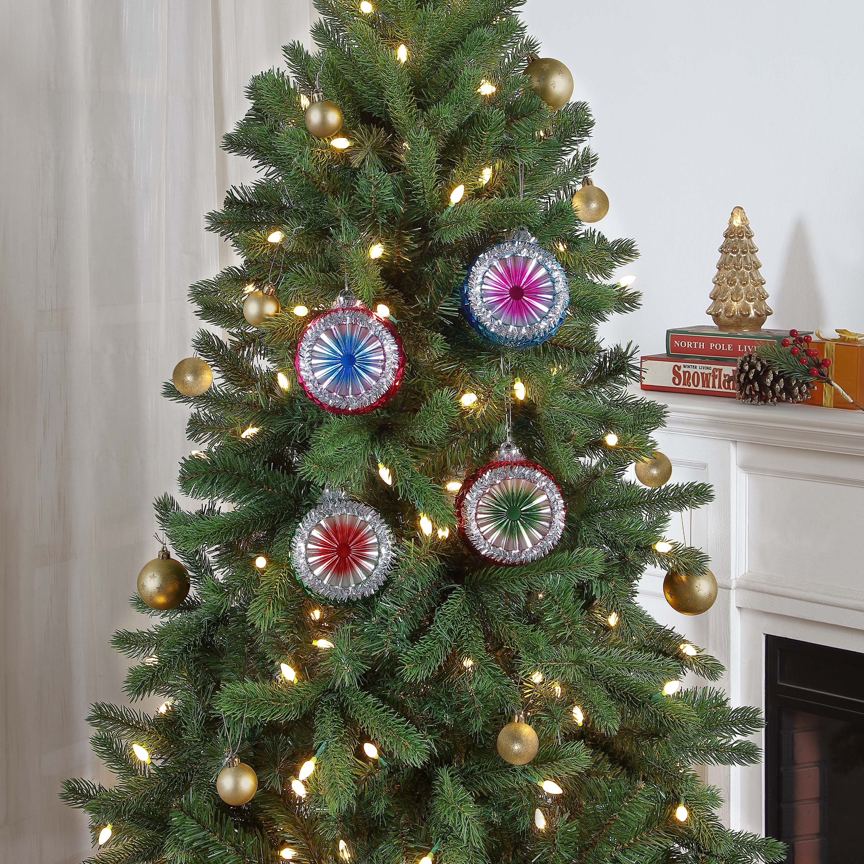 Set of 4 Reflective Ornaments with Tinsel - Mr. Christmas
