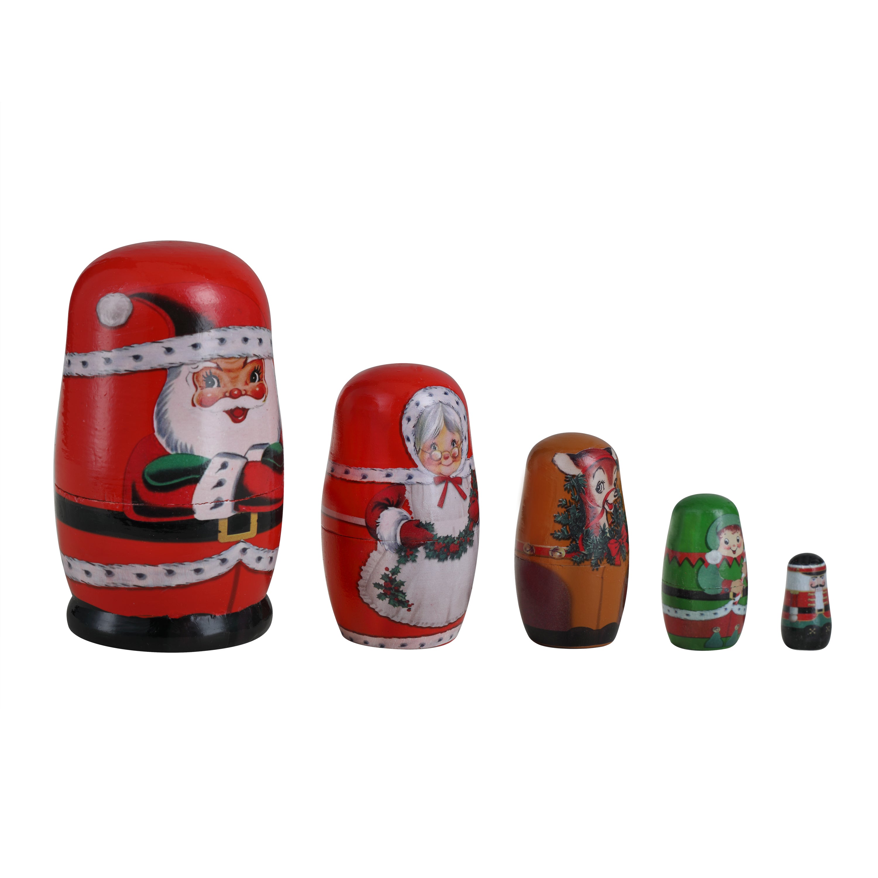 Set of 5 Nesting Wood Christmas Figures - Santa & North Pole Pals
