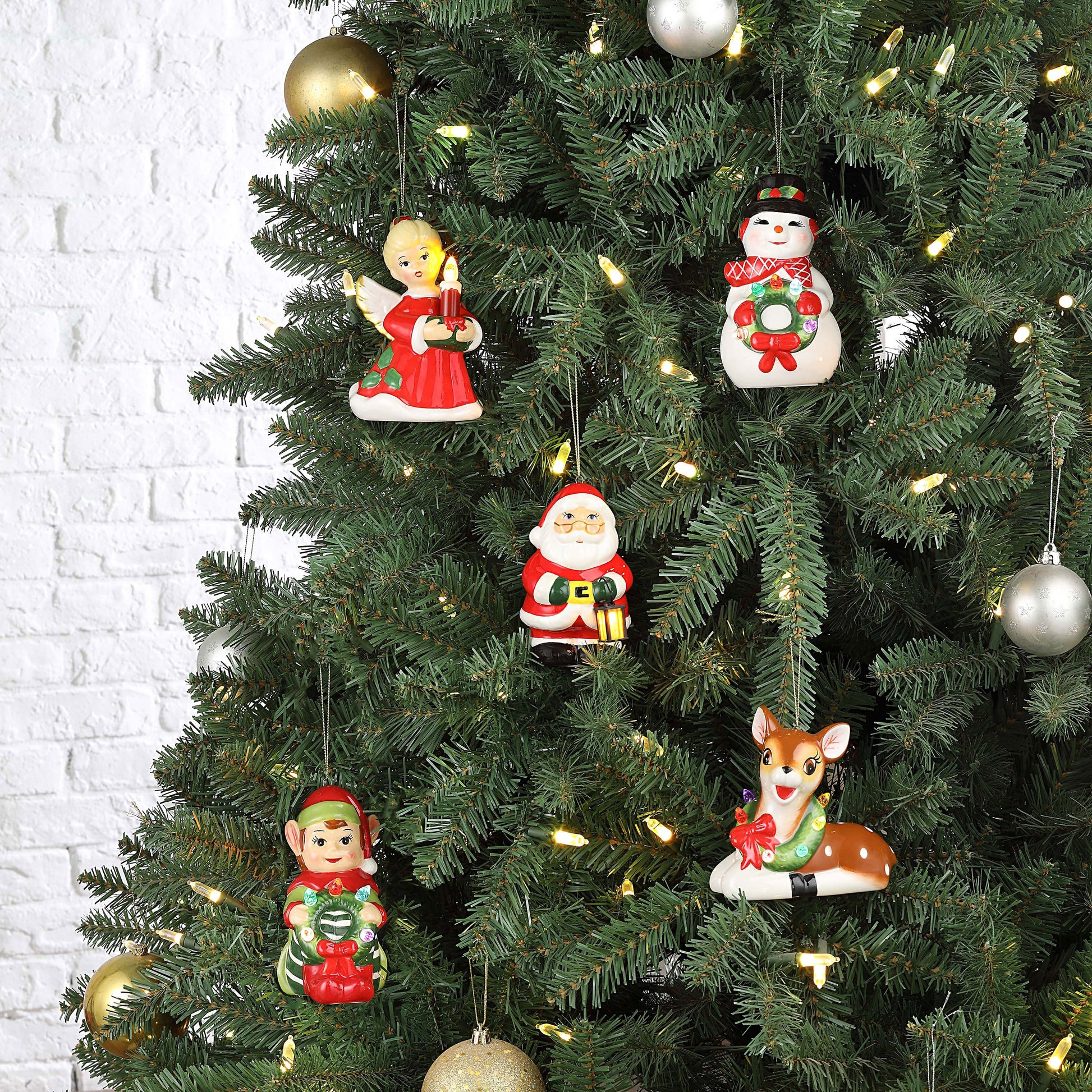 Set of 5 Nostalgic Ceramic Ornaments - Santa, Elf, Reindeer, Snowman, Angel - Mr. Christmas