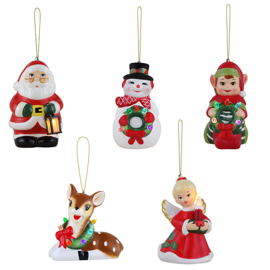 Set of 5 Nostalgic Ceramic Ornaments - Santa, Elf, Reindeer, Snowman, Angel - Mr. Christmas