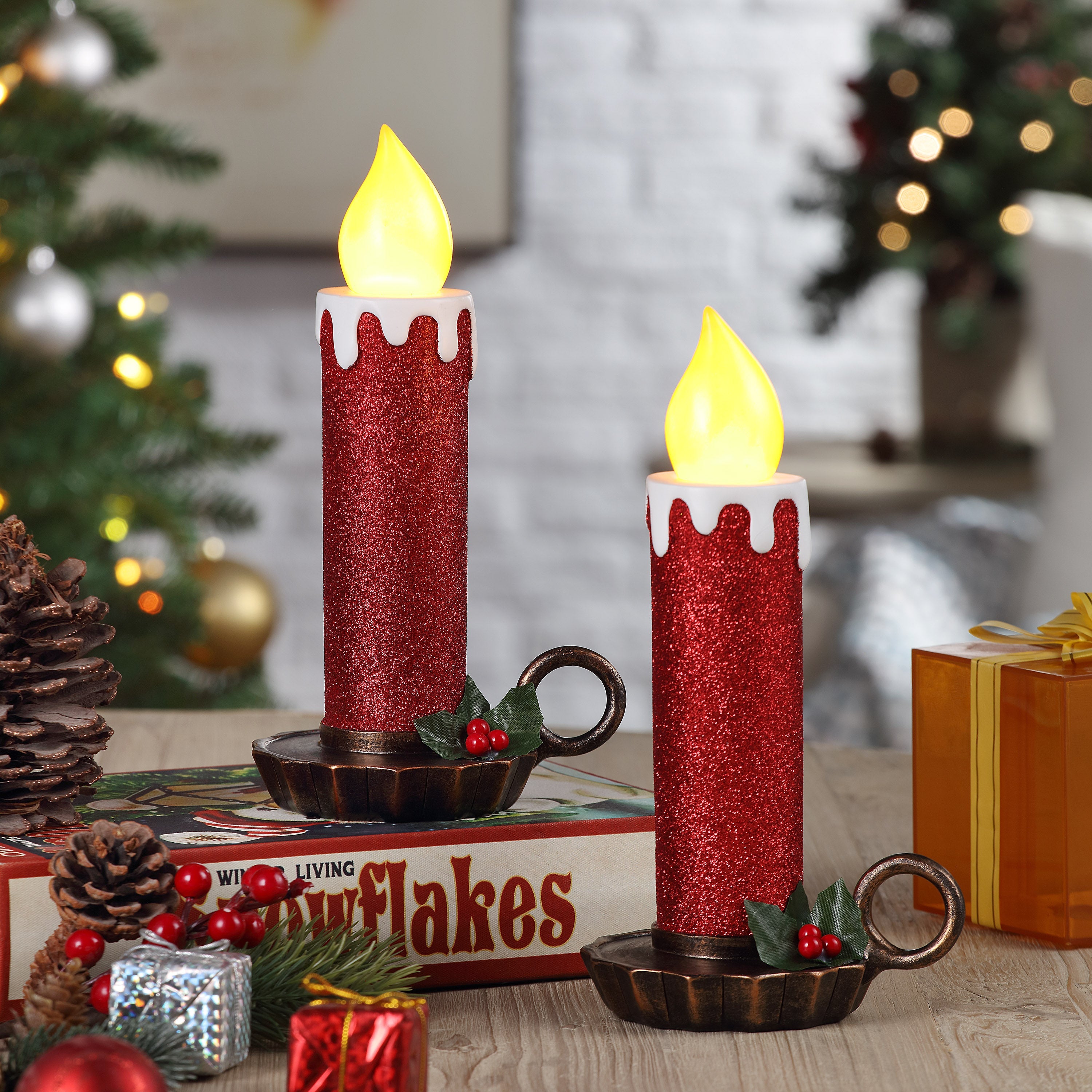 10" Set of 2 Flickering LED Resin Glittery Candles - Red - Mr. Christmas