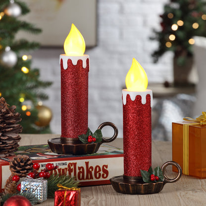 10" Set of 2 Flickering LED Resin Glittery Candles - Red - Mr. Christmas