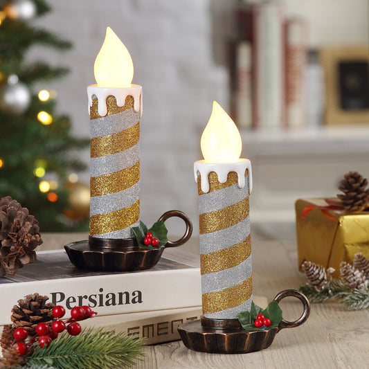 10" Set of 2 Flickering LED Resin Glittery Striped Candles - Gold & Silver - Mr. Christmas