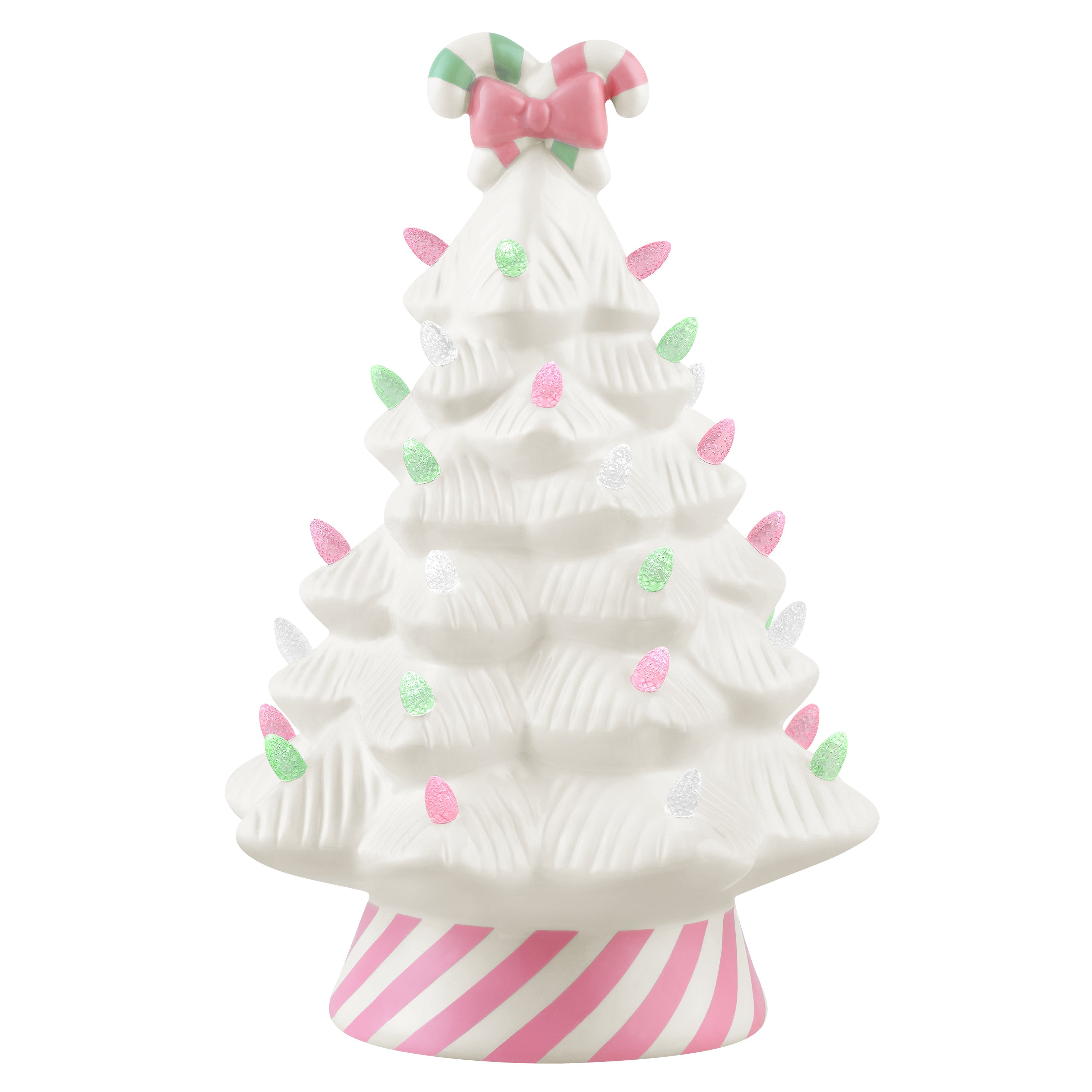 Mr. Christmas 12" Nostalgic Ceramic Lit Candy Cane Tree with pink and green bulbs and candy cane topper