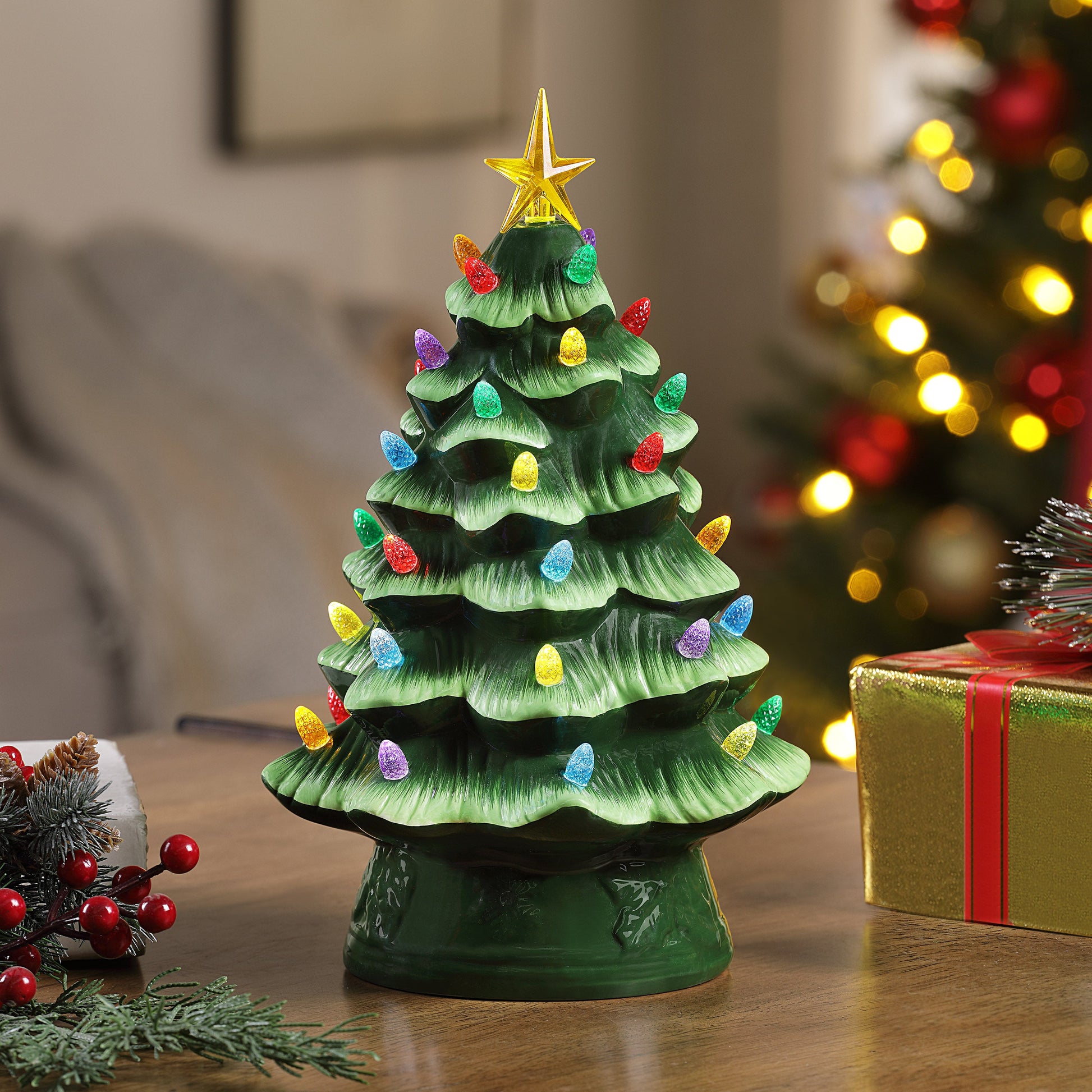 HOLIDAY PEAK Battery-Operated Vintage-Style Ceramic Christmas Tree,  Nostalgic Holiday Décor, Green, 13 High