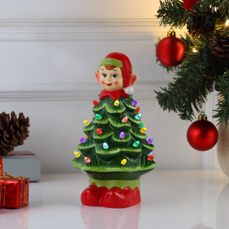 15" Nostalgic Ceramic Tree with Elf Topper - Mr. Christmas