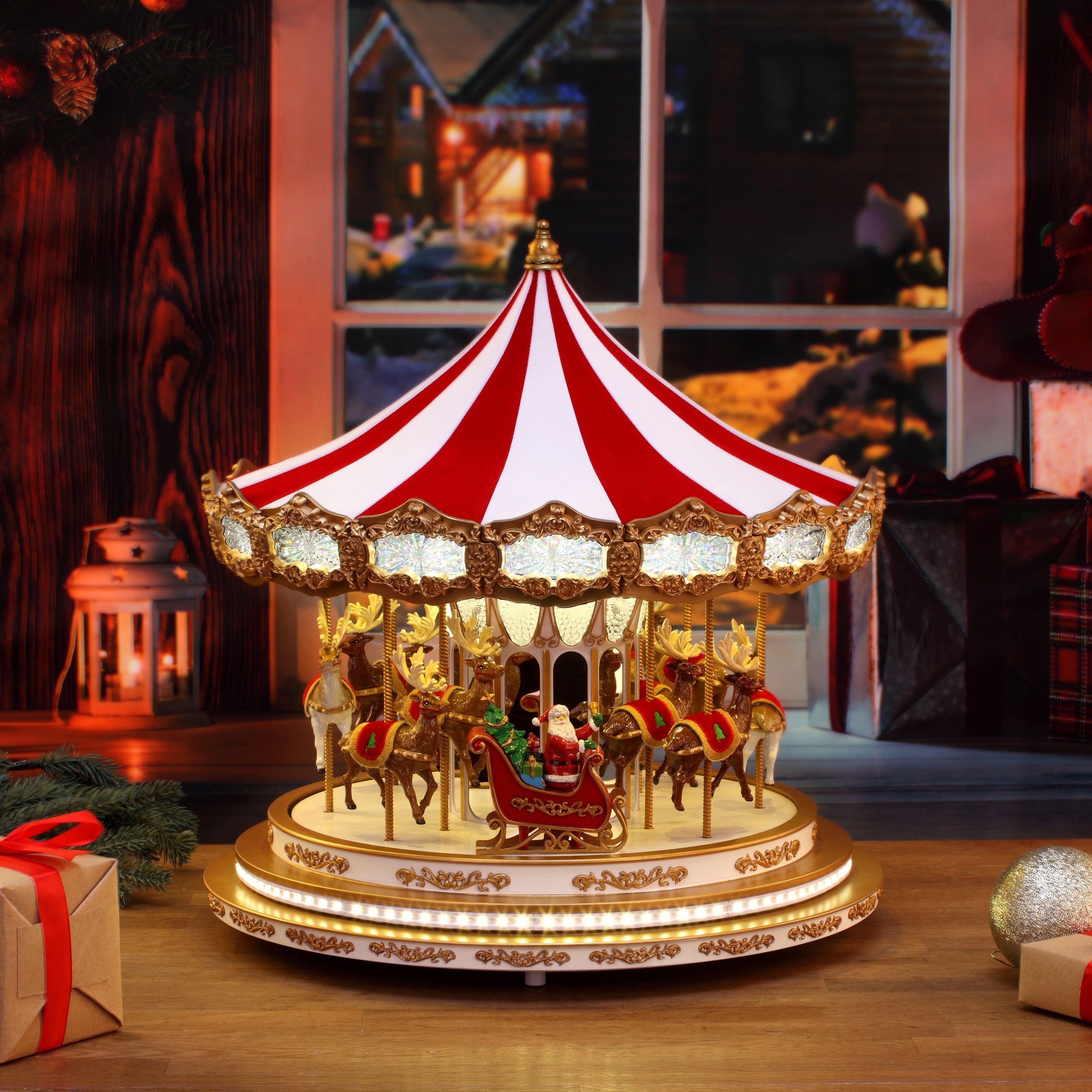 17" Regal Christmas Carousel displayed in a festive setting, surrounded by holiday décor and seasonal lights.