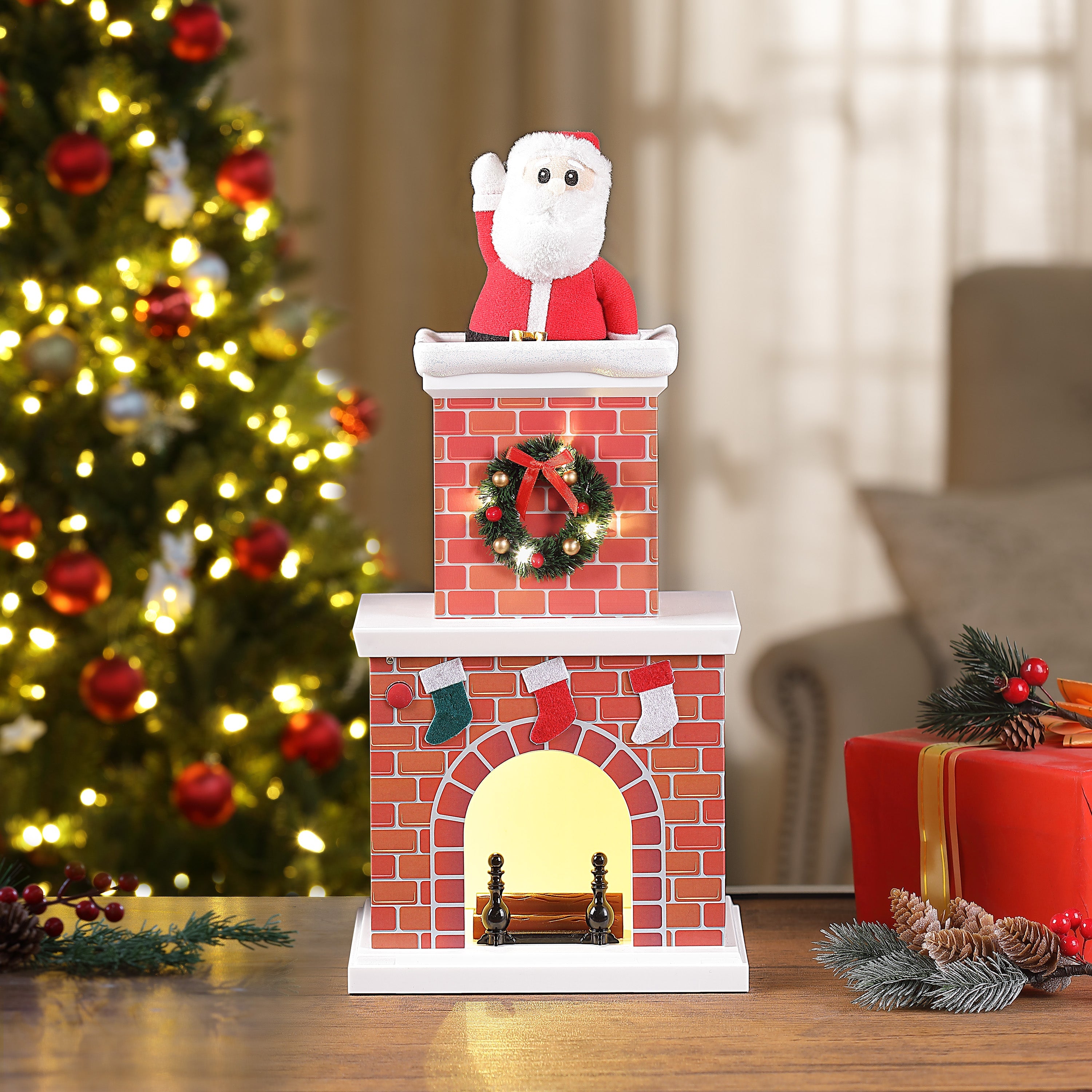 16" Animated Santa in Chimney - White