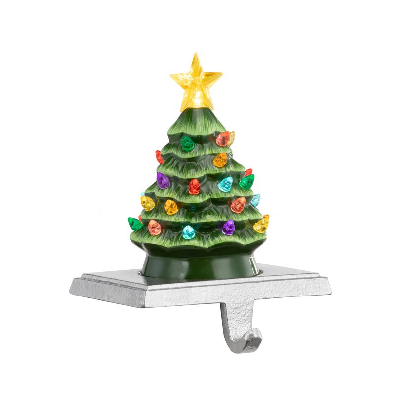 5" Illuminated Ceramic Stocking Hanger - Green Tree - Mr. Christmas