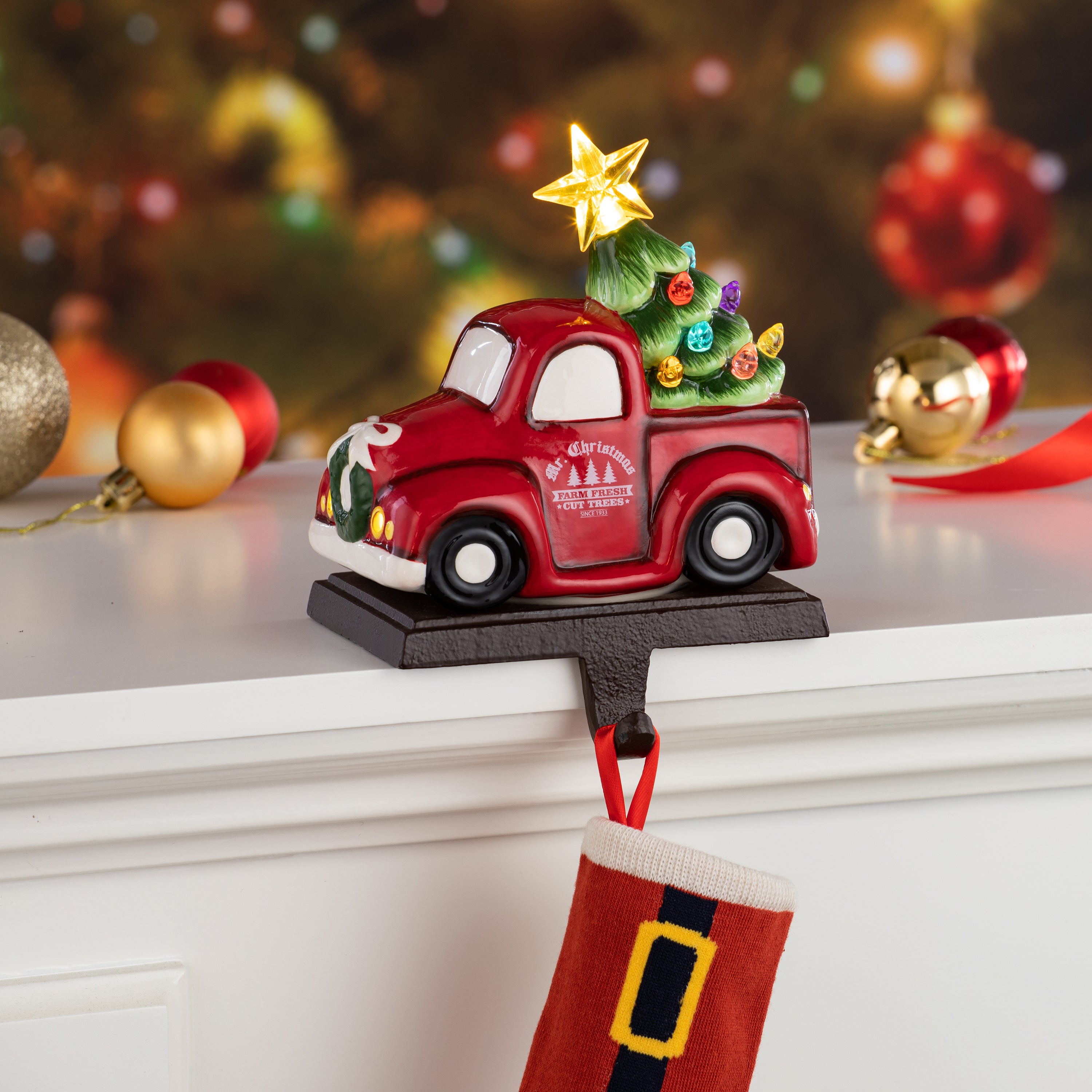 5" Illuminated Ceramic Stocking Hanger - Red Truck - Mr. Christmas