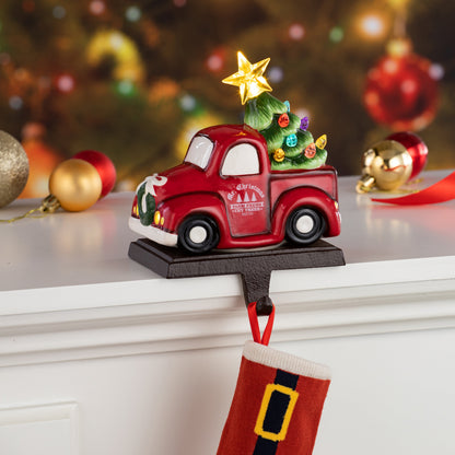 5" Illuminated Ceramic Stocking Hanger - Red Truck - Mr. Christmas