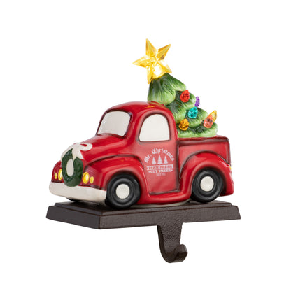 5" Illuminated Ceramic Stocking Hanger - Red Truck - Mr. Christmas