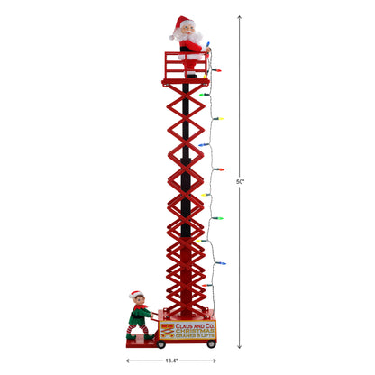 Mr. Christmas 50" Animated & Musical Santa's Lift - White dimensions image showing height and weight with the lift extended 