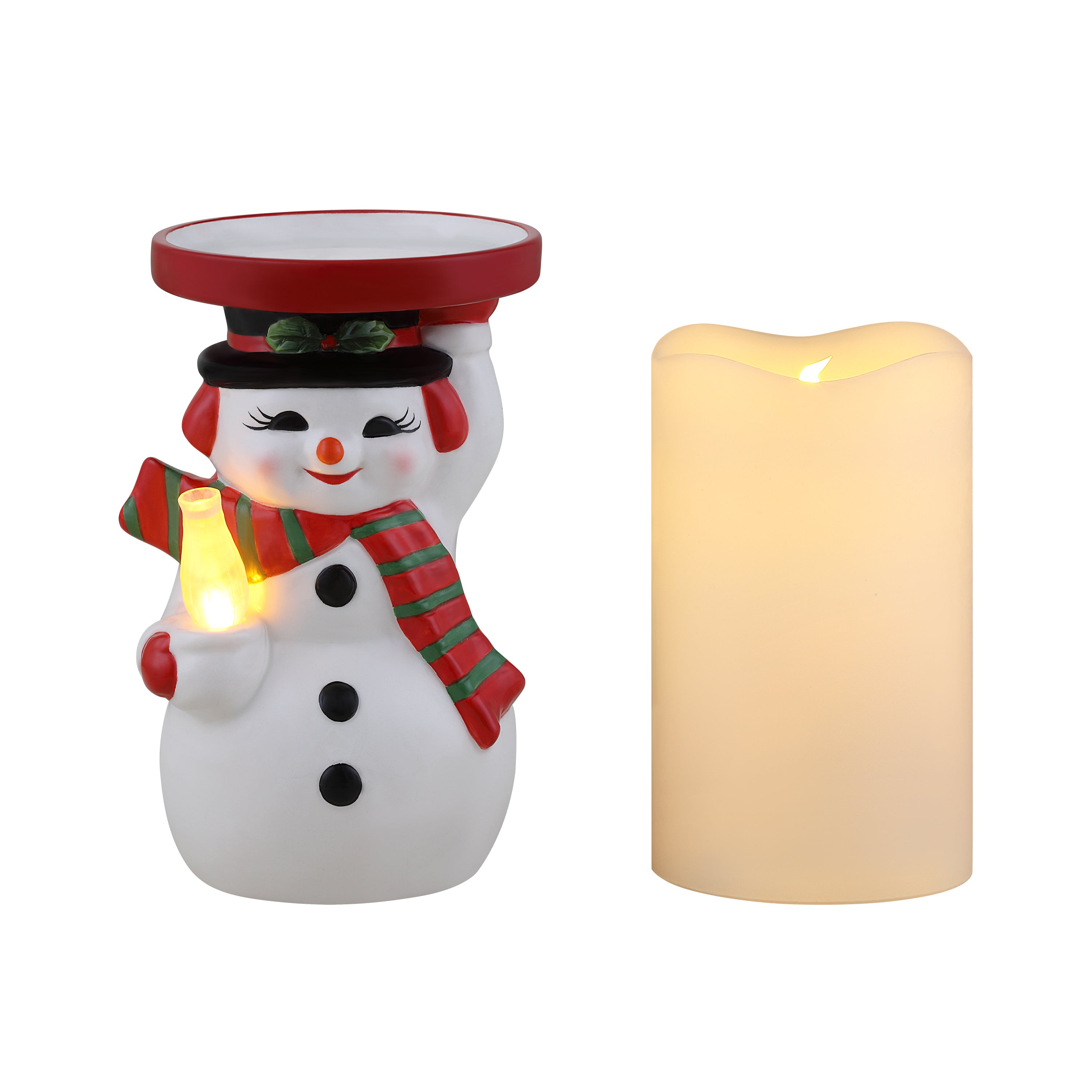 6" Ceramic Lit Snowman Candle Holder and Flameless Candle - Mr. Christmas