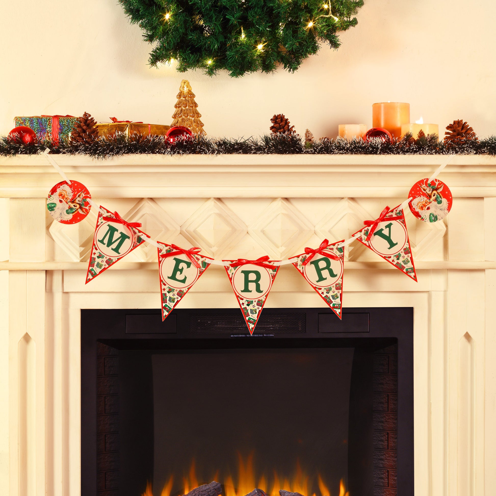 Vintage Christmas Banner-Traditional Christmas Decor Vintage Style  Christmas Tree Garland for Fireplace,Vintage Merry Christmas Bunting for  Christmas