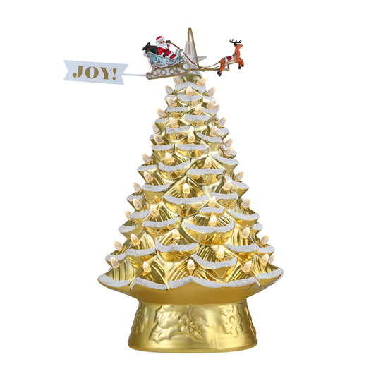 90th Anniversary Collection - 16" Lit Ceramic Tree with Animated Santa's Sleigh, Gold - Mr. Christmas