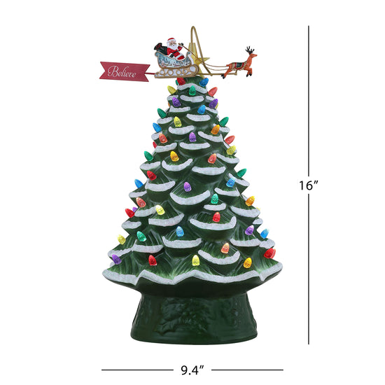 90th Anniversary Collection - 16" Lit Ceramic Tree with Animated Santa's Sleigh, Green - Mr. Christmas