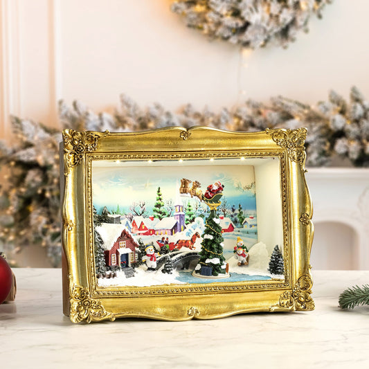 90th Anniversary Collection - Animated & Musical Gold Frame Village Shadow Box - Mr. Christmas