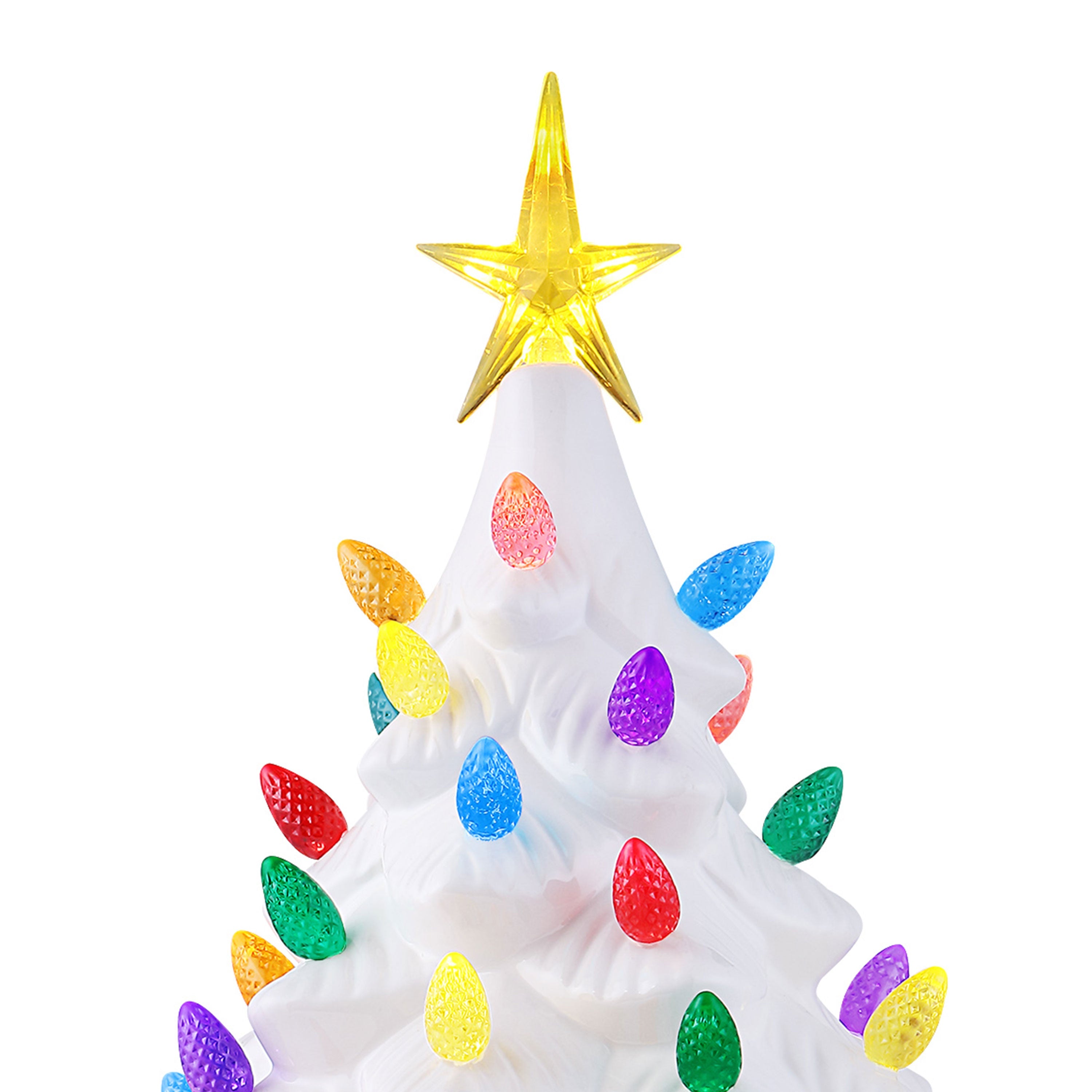 Close up of illuminated yellow star on Mr. Christmas 24 inch nostalgic white ceramic tree
